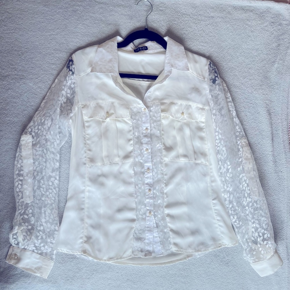 White Button Down Shirt with See Through Leaf Sleeves